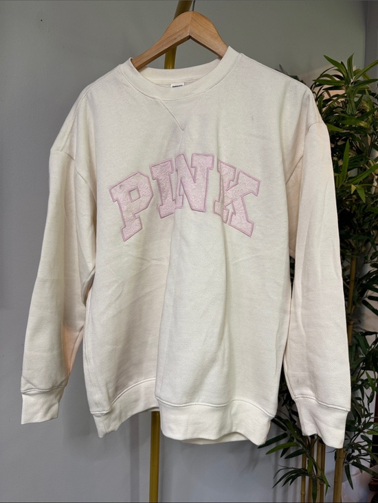 PINK Victoria's Secret Tops - PINK Victoria's Secret Crewneck Cream Sweatshirt lace Light Pink Logo EUC M